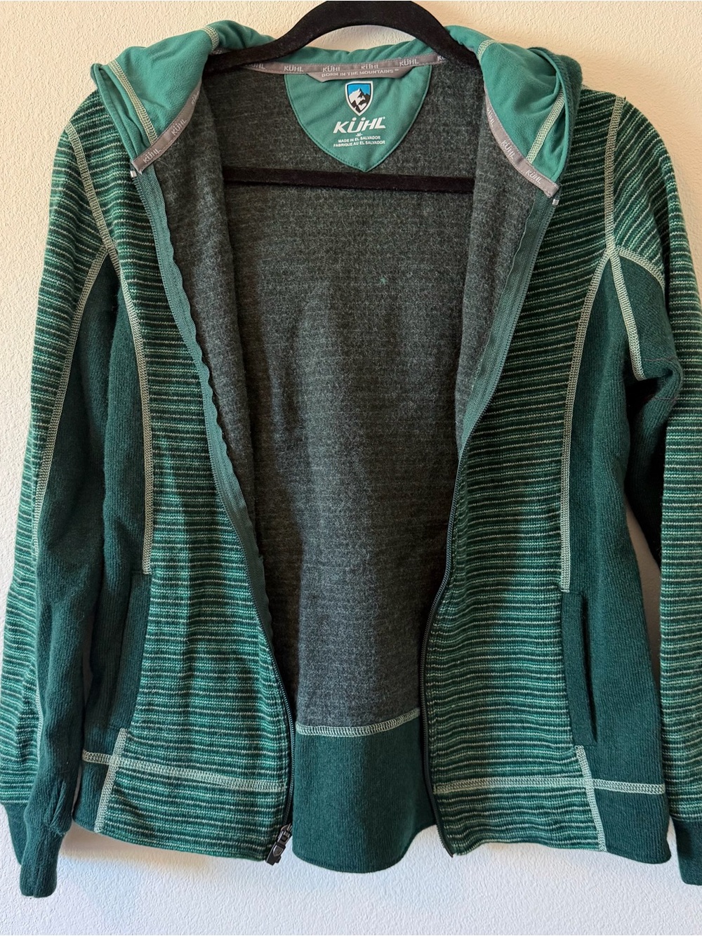 Kuhl Women’s Jacket Medium Green Knit Wool Blend Chianti Fleece Hooded Full Zip
